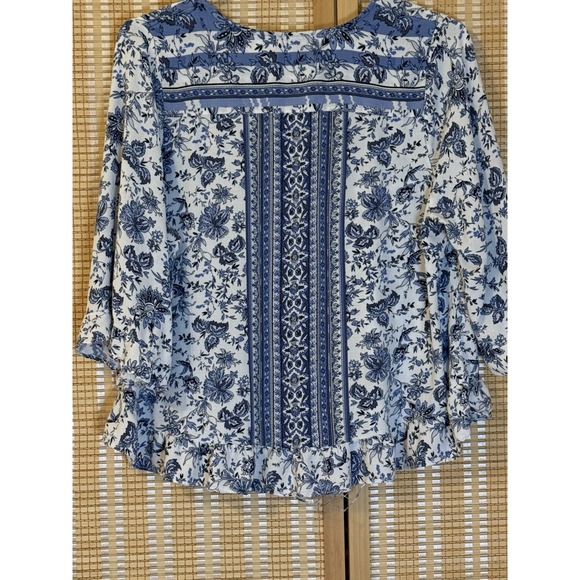 Cynthia Rowley Womens 1X Top Floral 3/4 Sleeve Blue White Fairycore Cottagecore - Picture 3 of 8